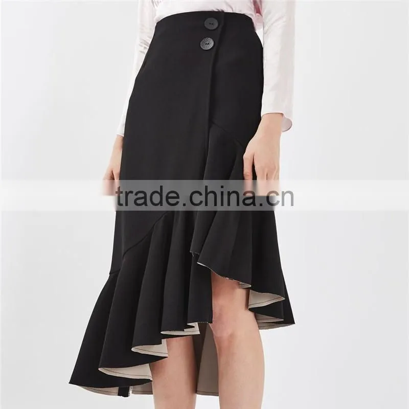 2017 OEM Spring Retro Crepe Black Bonded High Waisted Midi Skirt