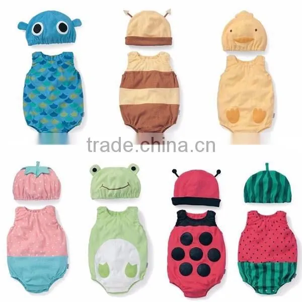 cartoon animal fruit sleeveless 100% cotton baby romper with hat