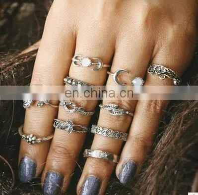 11pcs/set Retro Bohemia Rose Bouquet Jade Flower Totem Knuckle Midi Finger Stacking Ring Jewelry Ring Sets