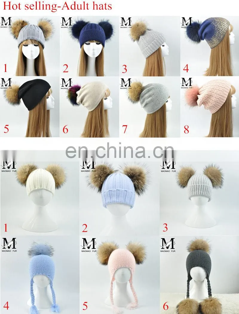 Wholesale New Fashion Hat with Raccoon Fur Ball Hand Knitted Baby Hat