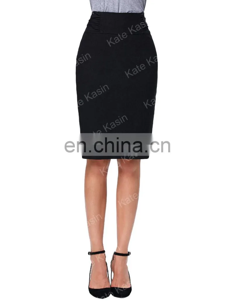 Kate Kasin High Stretchy High Waist Shirred Waist Detail Hips-Wrapped Black Pencil Skirt KK000268-1