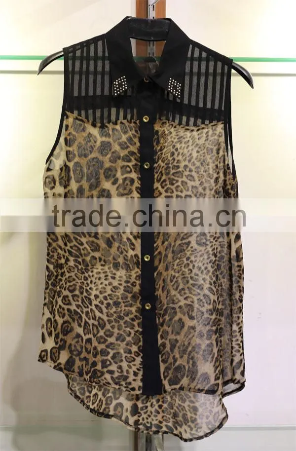 black mesh panel shoulder leopard chiffon tops
