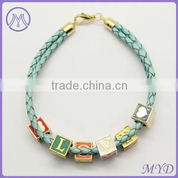 custom DIY women leather bracelet with metal charms