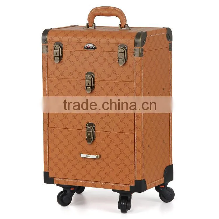 Flower PVC Professional make up tool trolley case with 4 wheels