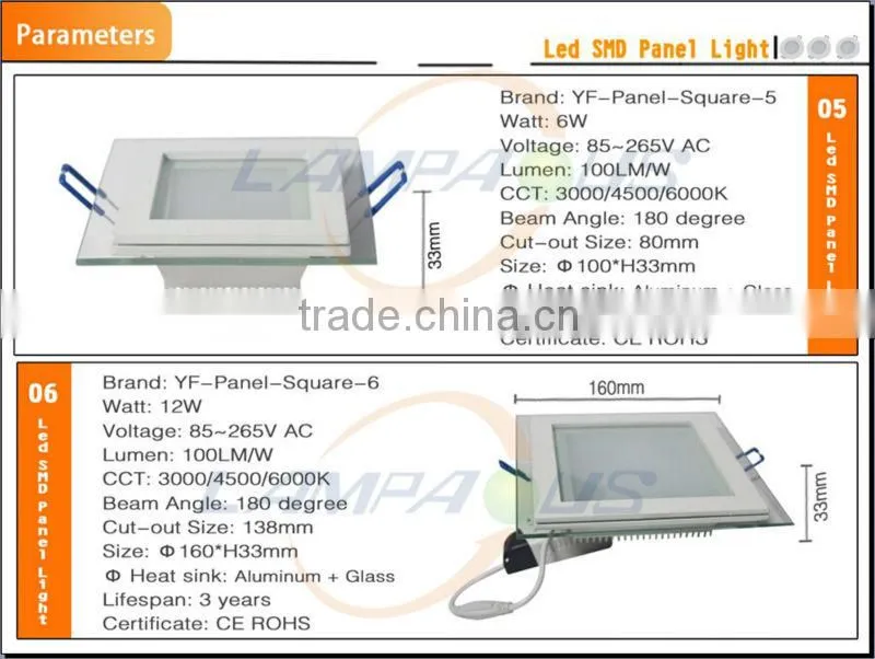 Wholesale price flat square 180 degree ceiling down light smd led 6w 12w 18w light panel