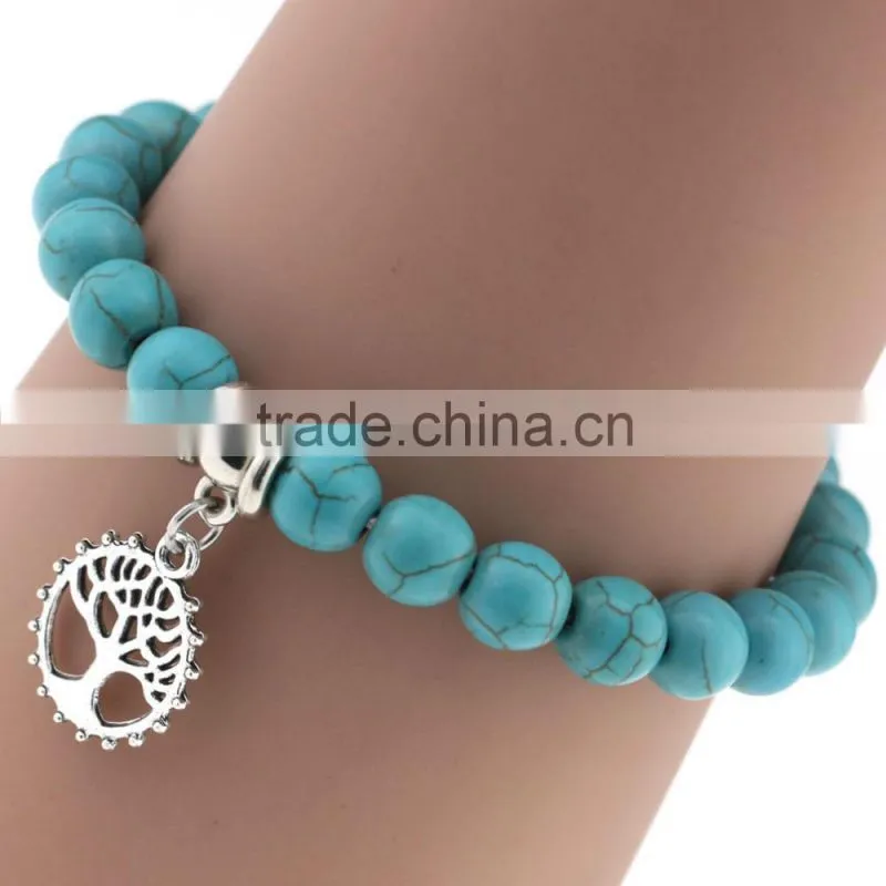 Wholesale Handmade Fashion Women Turquoise Popular Alloy Pendant Elasticity Bracelet