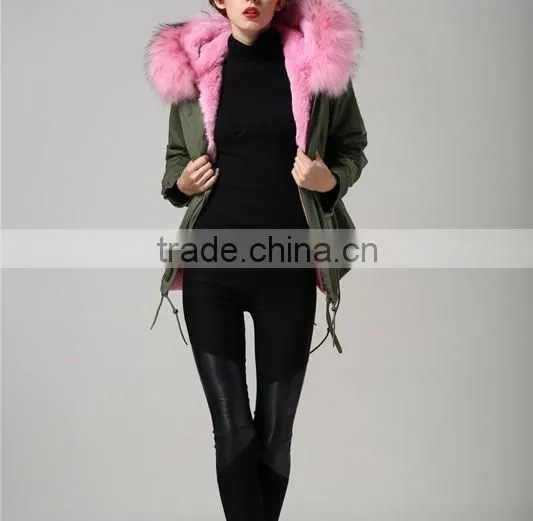 women casual bomber jacket with raccoon fur hooded parka for lady