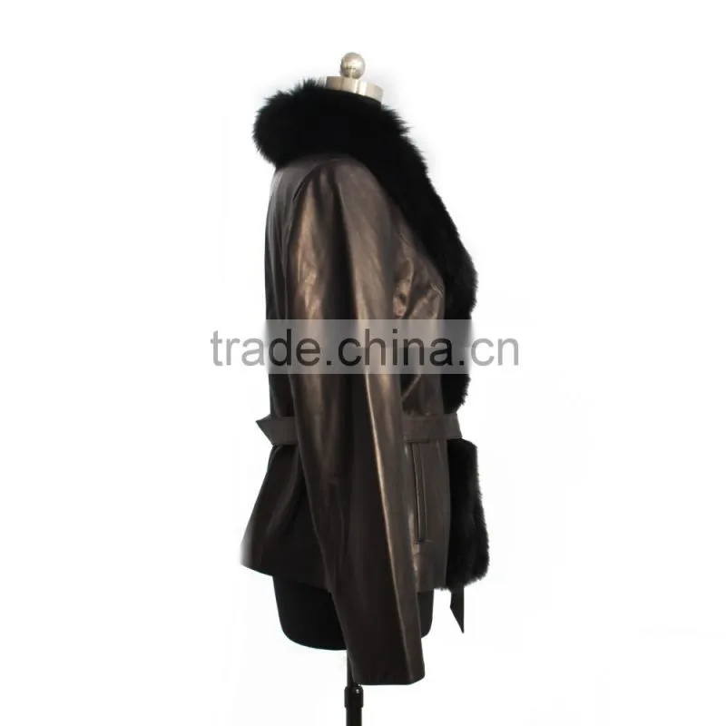 2015 New fashion women leather coat with fox fur trim hot sale