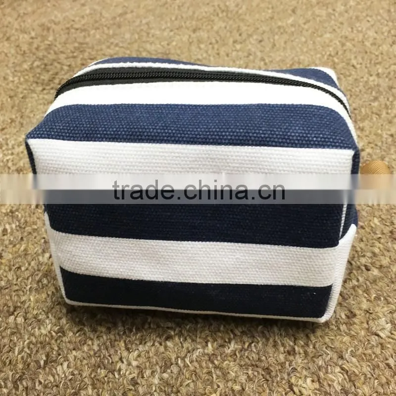 block stripe cotton canvas zipper make up bag small pouch case