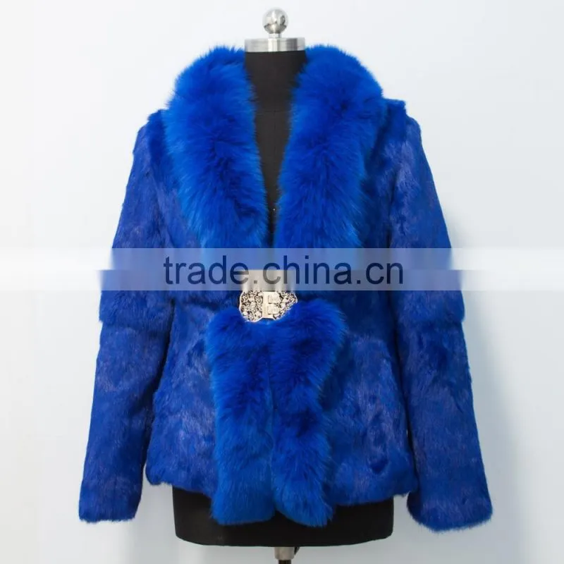 2015 new arrival rabbit fur coat with fox fur collar for women