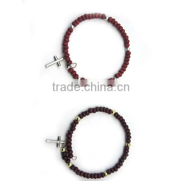 high quality wood rosary with a alloy cross,deployment buckle bracelet,catholic bracelet
