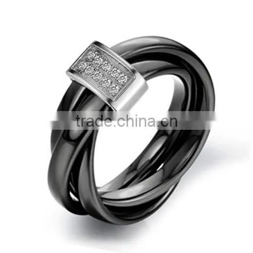 New Women's Black Ceramic Wedding Band Ring Sets with Diamond Inlay