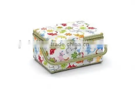 Cat Print Wooden Sewing Kit Basket w/ Accessories