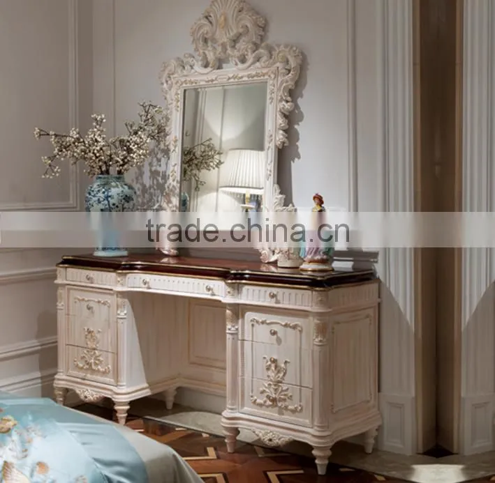 Graceful antique white color solid wood hand carved headboard double bed