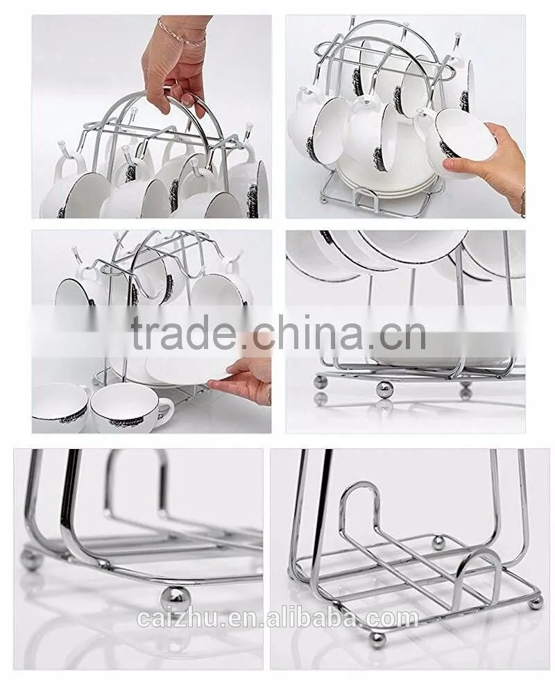 Metal Wire Rack for Organizing 6 saucers & 6 cups & 6 spoons espresso Set Rack Tea Set Display Stand