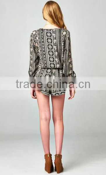 2014 Long loose sleeve print pattern casual wrap ruffle romper jumpsuit for American street women
