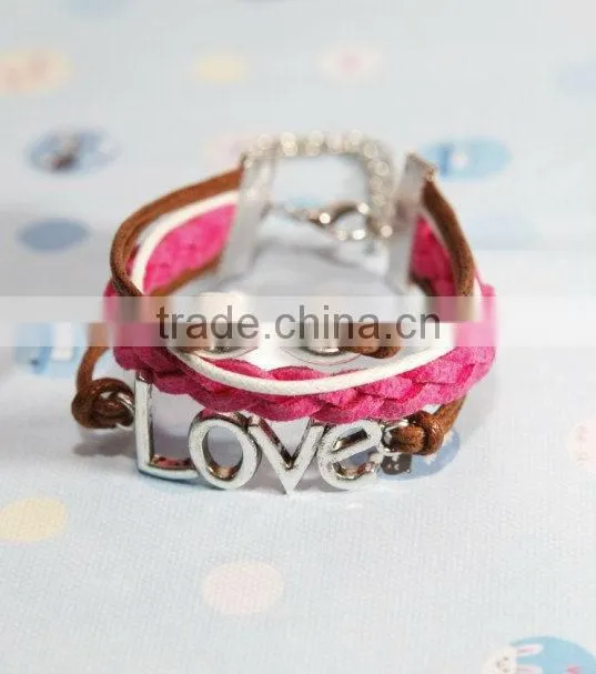 heart to heart bracelet, love with green flocking leather,brown baided Leather bracelet, friendship charm bracelet