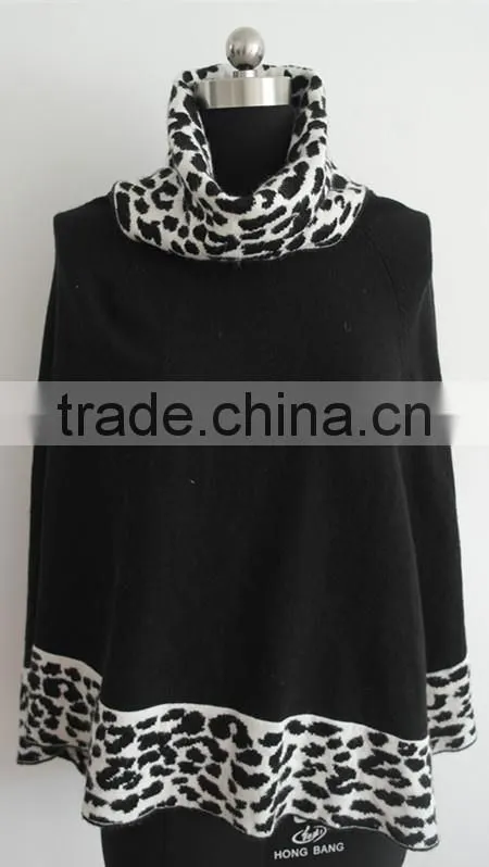 Fashion ladies jacquard knitted turtle neck poncho sweater