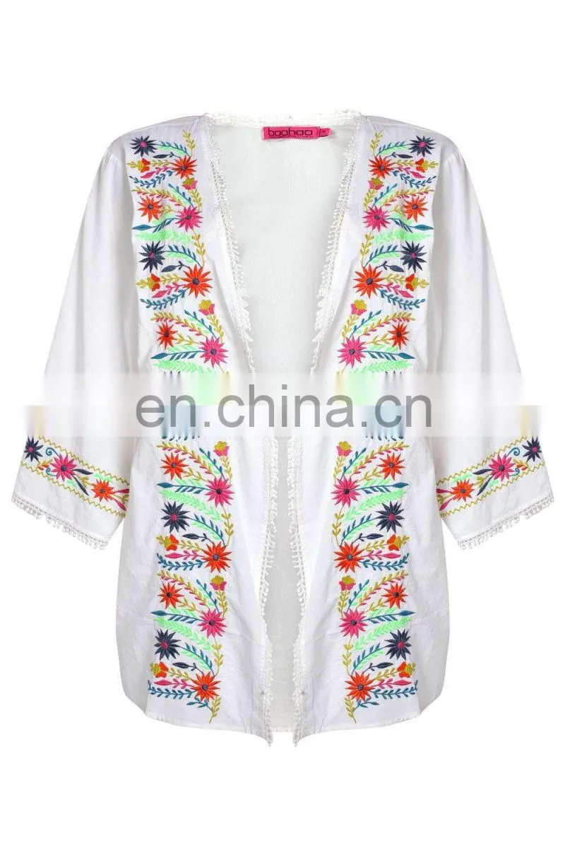 BRIGHT EMBROIDERED KIMONO Latest beach kimono soft cotton fabric embroidered kimono with fringed hem