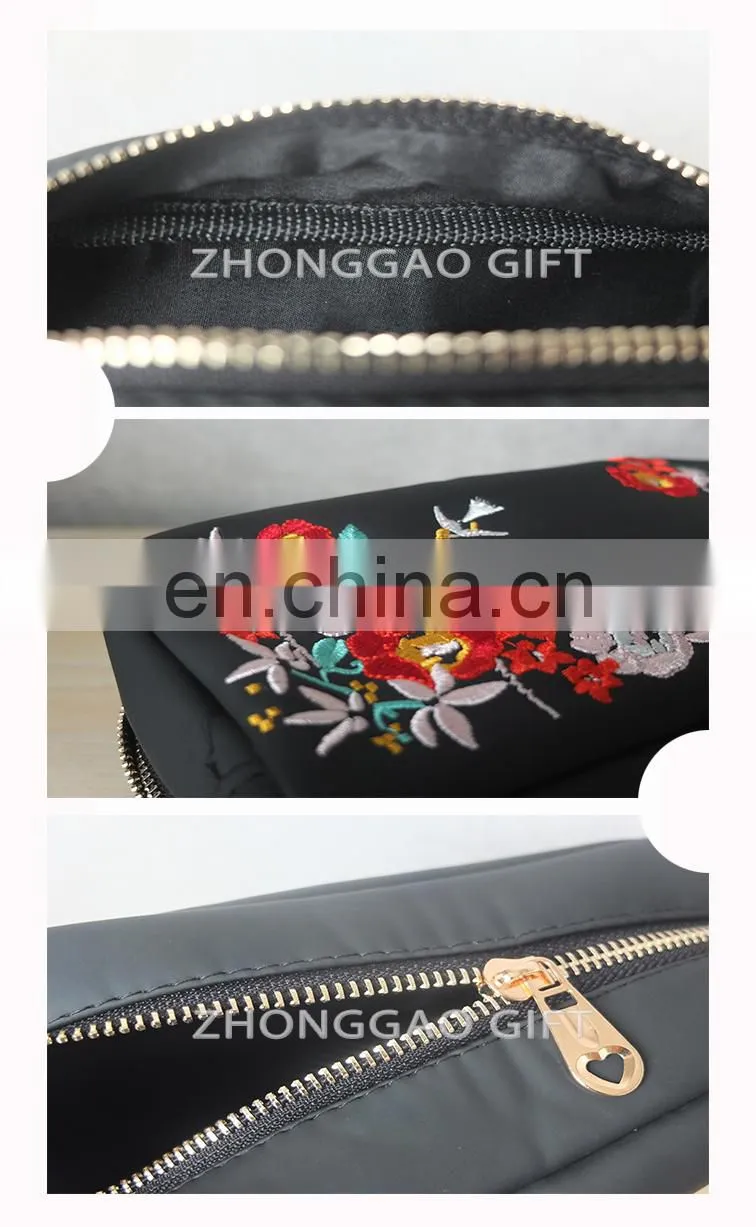 Fashion Design Personality Makeup Pouch Custom Embroidery with Flowers and Birds PU Cosmetic Bag with Zipper