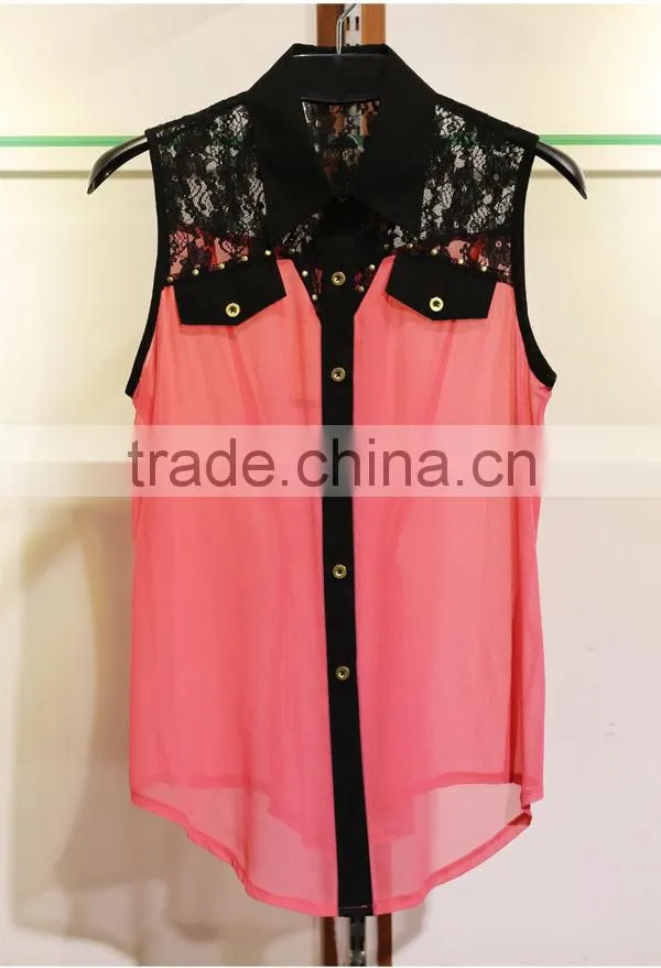 slim chiffon tops with sexy lace for ladies