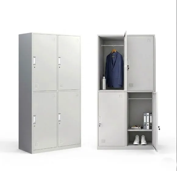 4 door steel locker product photo showing closed exterior and open interior compartments