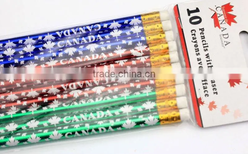 7" HB 10 pcs round shape color heat transfer painting wooden pencil set with rubber