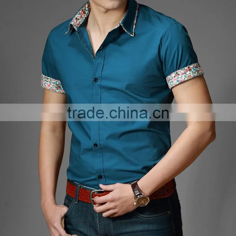 Floral Collar and Sleeve Office Design Light Blue Oxford Shirt