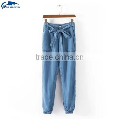 Hot Trendy Women High Waist Pockets Bow Sashes Denim Jeans Harem Pants Trousers