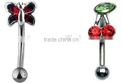 Surgical Steel Butterfly And Cherry Eyebrow Bar Ring