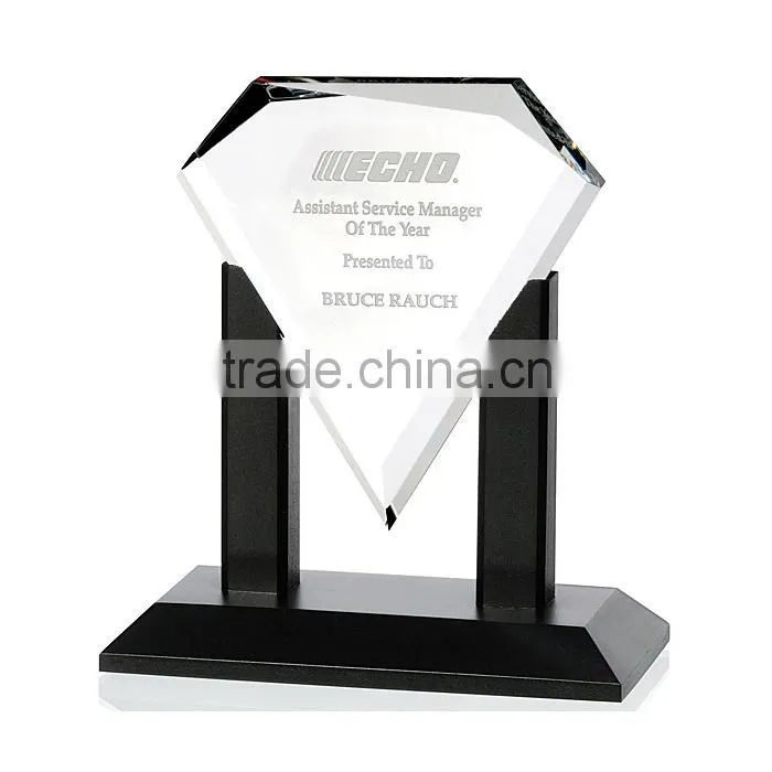 clear crystal diamond shape plaque design office gift with wood base