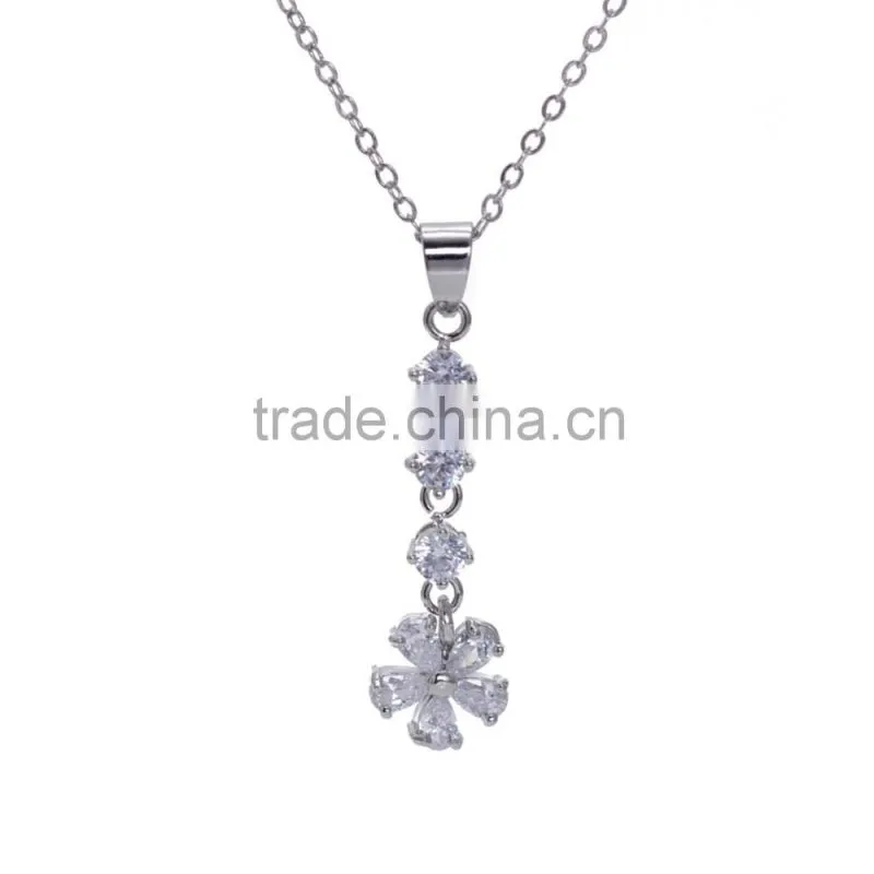 Fashion Long Flower Charm Necklace Wholesale Gold-Tone Silver Cubic Zirconic Necklace