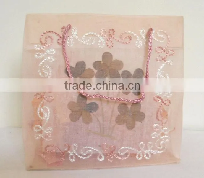 Fine 100% cotton organza bag with natural dry flower work & hand embroidery
