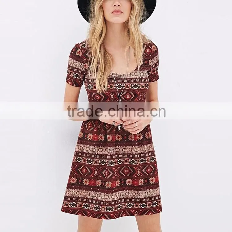 Fancy clothing factory new design flare style print fabric women short ethnic dress