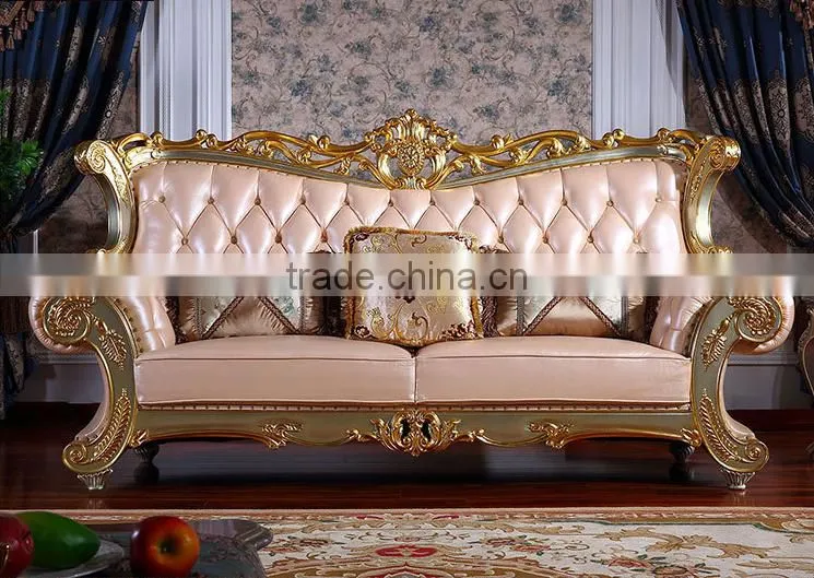 Luxury palace noble living room furniture solid wood hand carved genuine leather sofa set