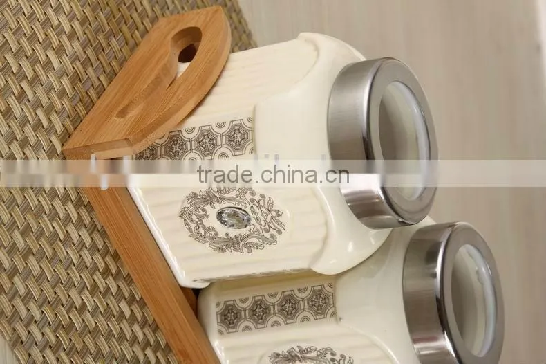 3pcs Ceramic canister set with wooden stand