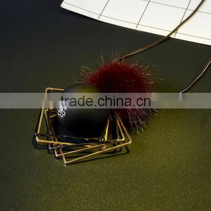 chunky ball metal square pendant necklace winter mink fur ball pendant necklace geometric sweater necklace