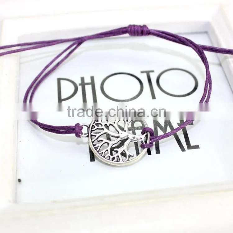 antique silver hollow tree of life charm bracelet customized charm wax cord bracelet cheap personalzied bracelet for promotion