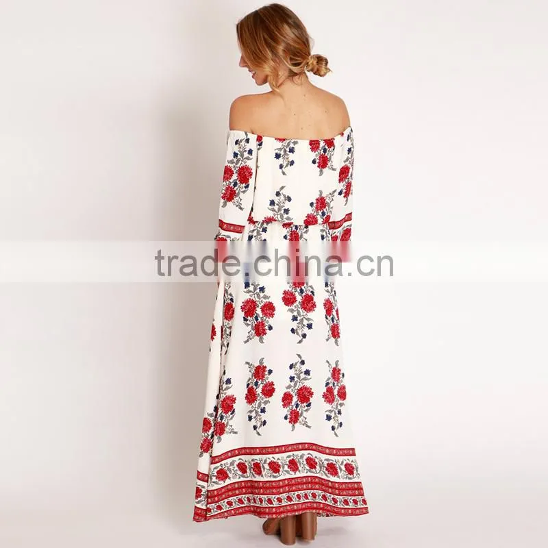 Maxnegio sexy long sleeve boder print off shoulder midi evening dress