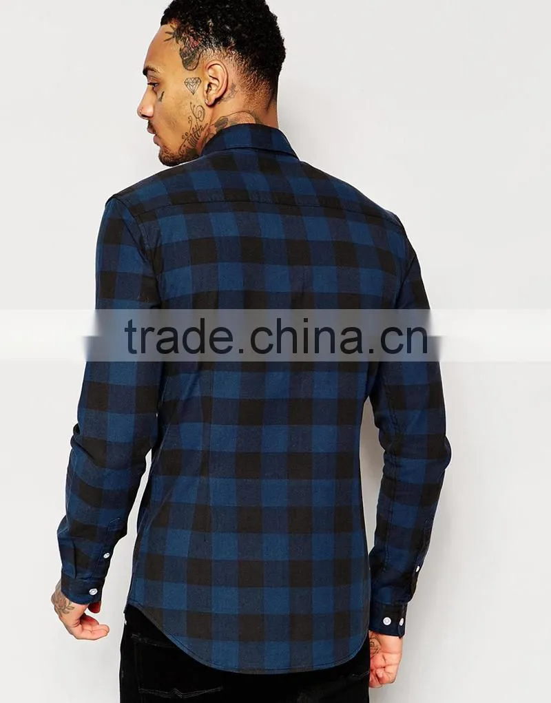 Man Skinny Shirt in Navy Buffalo Check with Long Sleeves