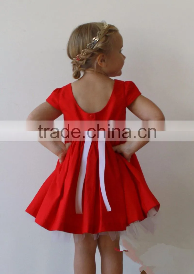 Girls Xmas Red Dress 100% Cotton Short Sleeve Twril Party Dress For Christmas