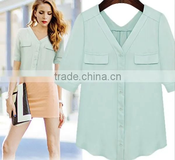 New design 2 colors choice V neck short sleeve Plus size women chiffon fabric shirt