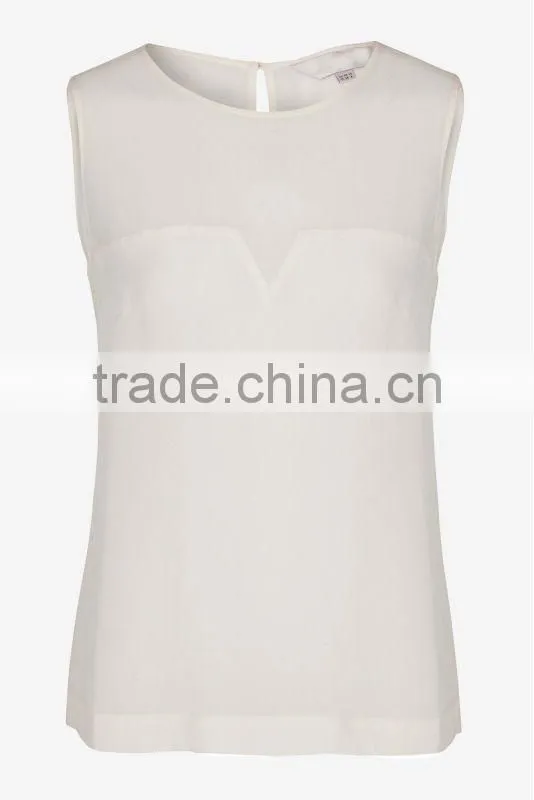Round Neck Sleeveless Chiffon Blouse with Sheer Top