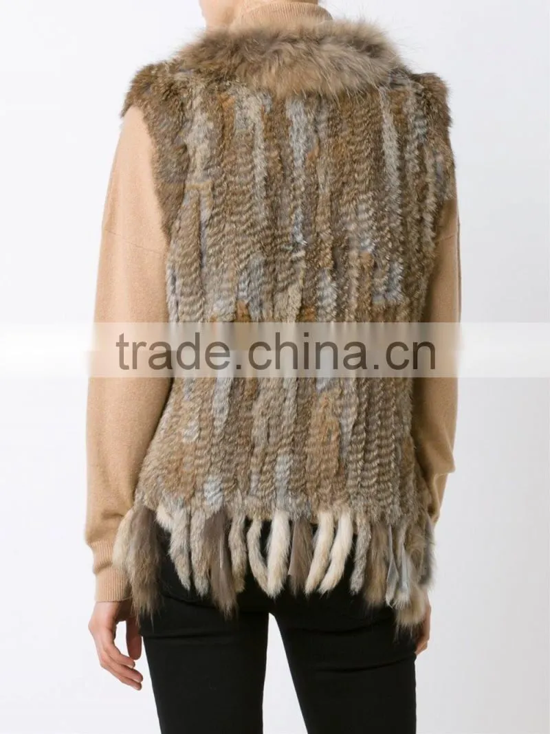YR006A New Arrive Real Rabbit and Raccoon Hand Knit Vest with Tassels Top Sales Fur Gilet