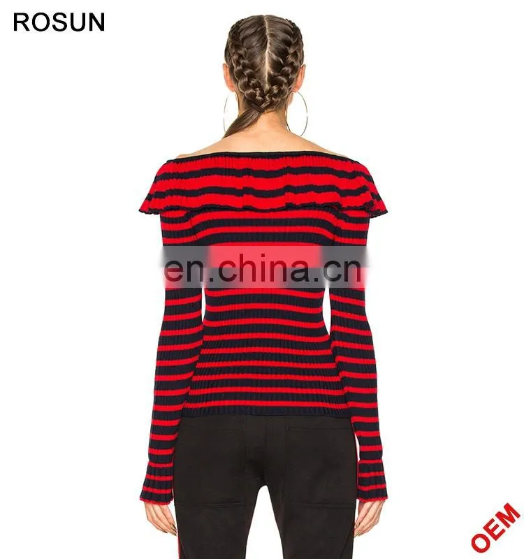 Fashion Red and White Strips off Shoulder Knit Sweater Top