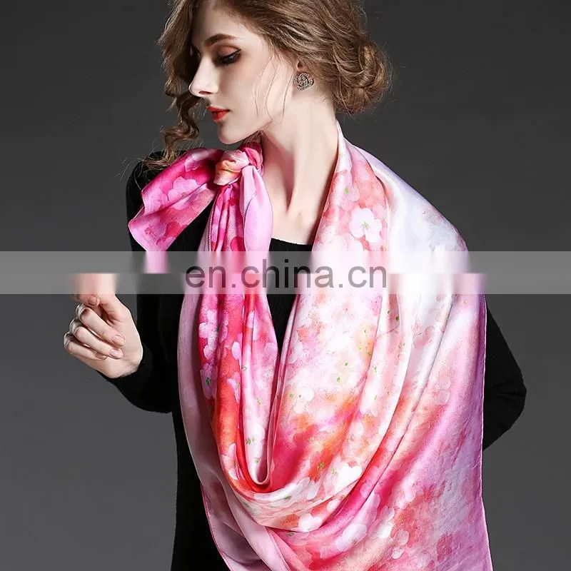 Pink silk square scarf for women with flowers