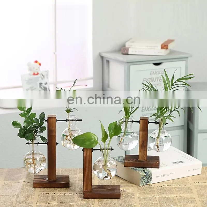 Terrarium Hydroponic Plant Vases Vintage Flower Pot Transparent Vase Wooden Frame Glass Tabletop Plants Home Bonsai Decor