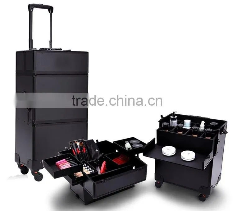 Professional 4-in-1 trolley makeup artist case,professional cosmetic trolley cases,OEM Black rolling aluminum makeup vanity case