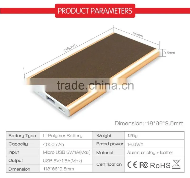 Low Price leather slim power bank 4000mah portable charger