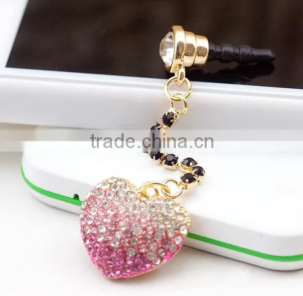 2013 bling heart dust plugs, colorful dust plugs for mobile phones